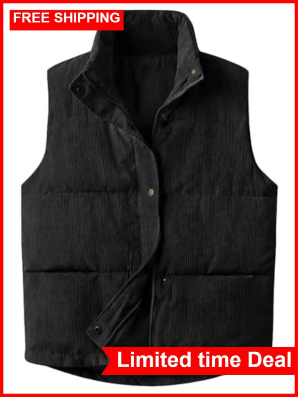 Women's Corduroy Puffer Vest Sleeveless Snap Zip Up Padded Gilet